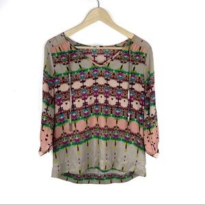 Sabine Tie Neck Boho Vibe Tie Dye Ikat Blouse Top
